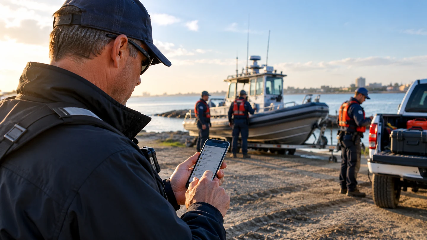 A crew member using a phone beside a boat, equipment, and a field team.