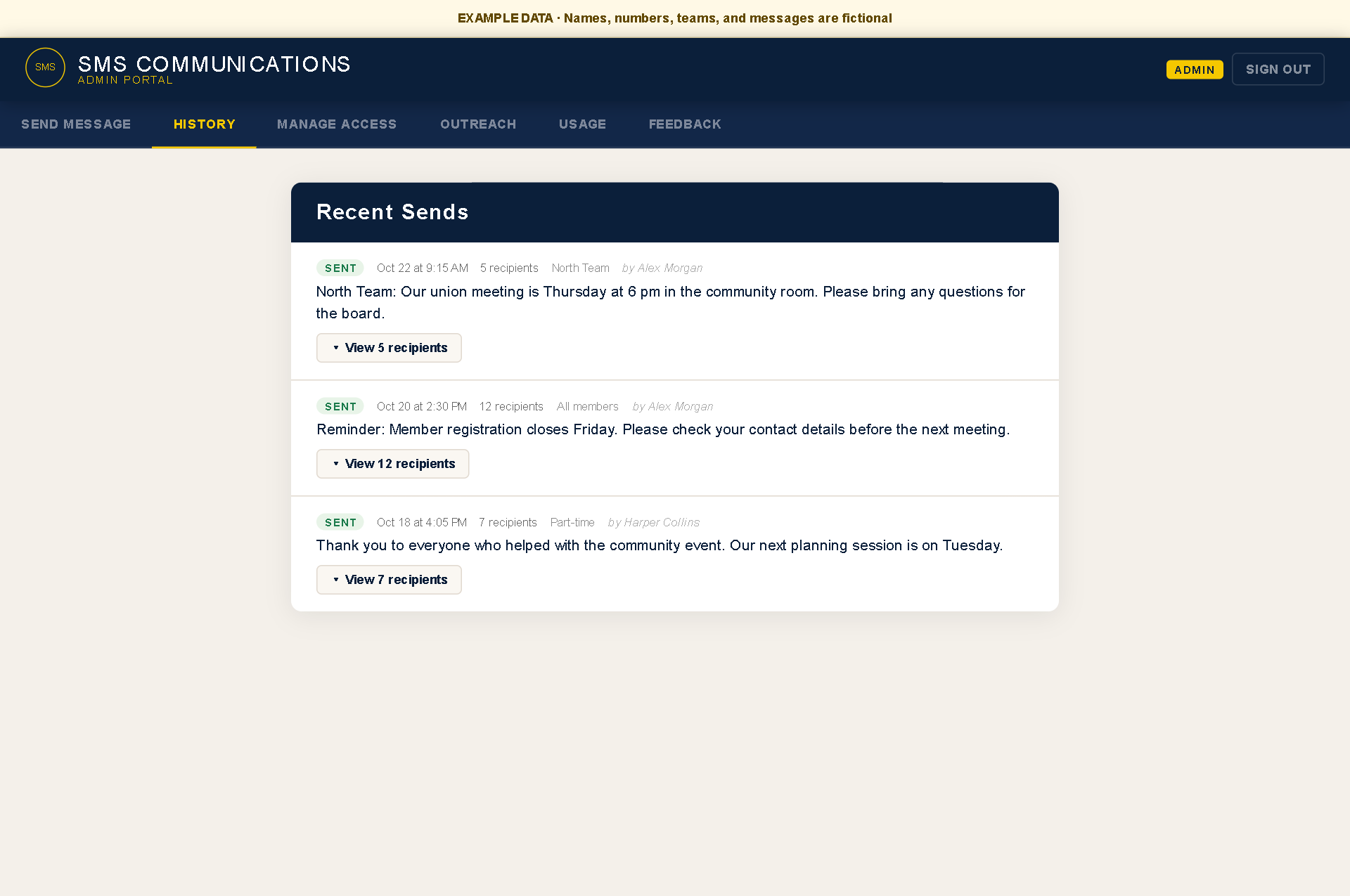 Anonymized SMS Communications Admin Portal with sample send history.