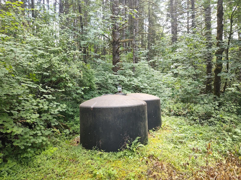 Two water-storage tanks installed among trees at the monitored site.